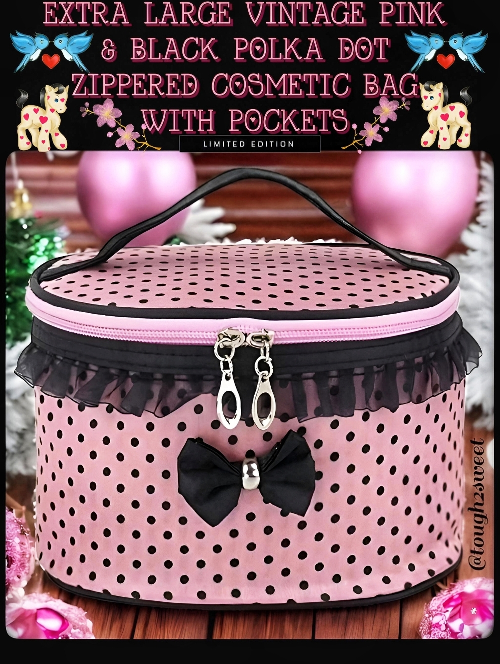 🆕VICTORIAN EXTRA LARGE PINK & BLACK POLKA DOT ZIPPERED COSMETIC BAG POCKETS